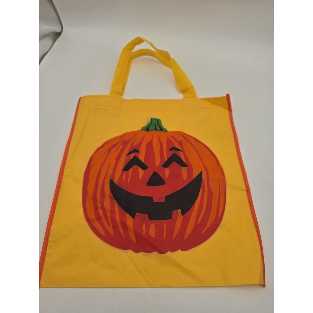 VtgLarge Halloween Trick Or Treat Tote Bag Jack O Lantern Pumpkin Fabric 14"x15"